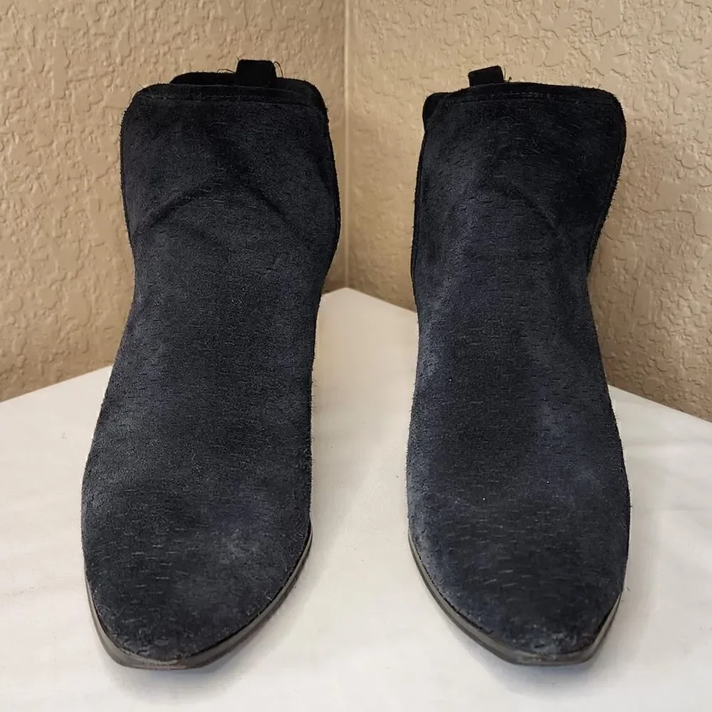 Lucky Brand- Loria Black Suede Leather Upper Heeled Booties Perforated, Size 8.5
